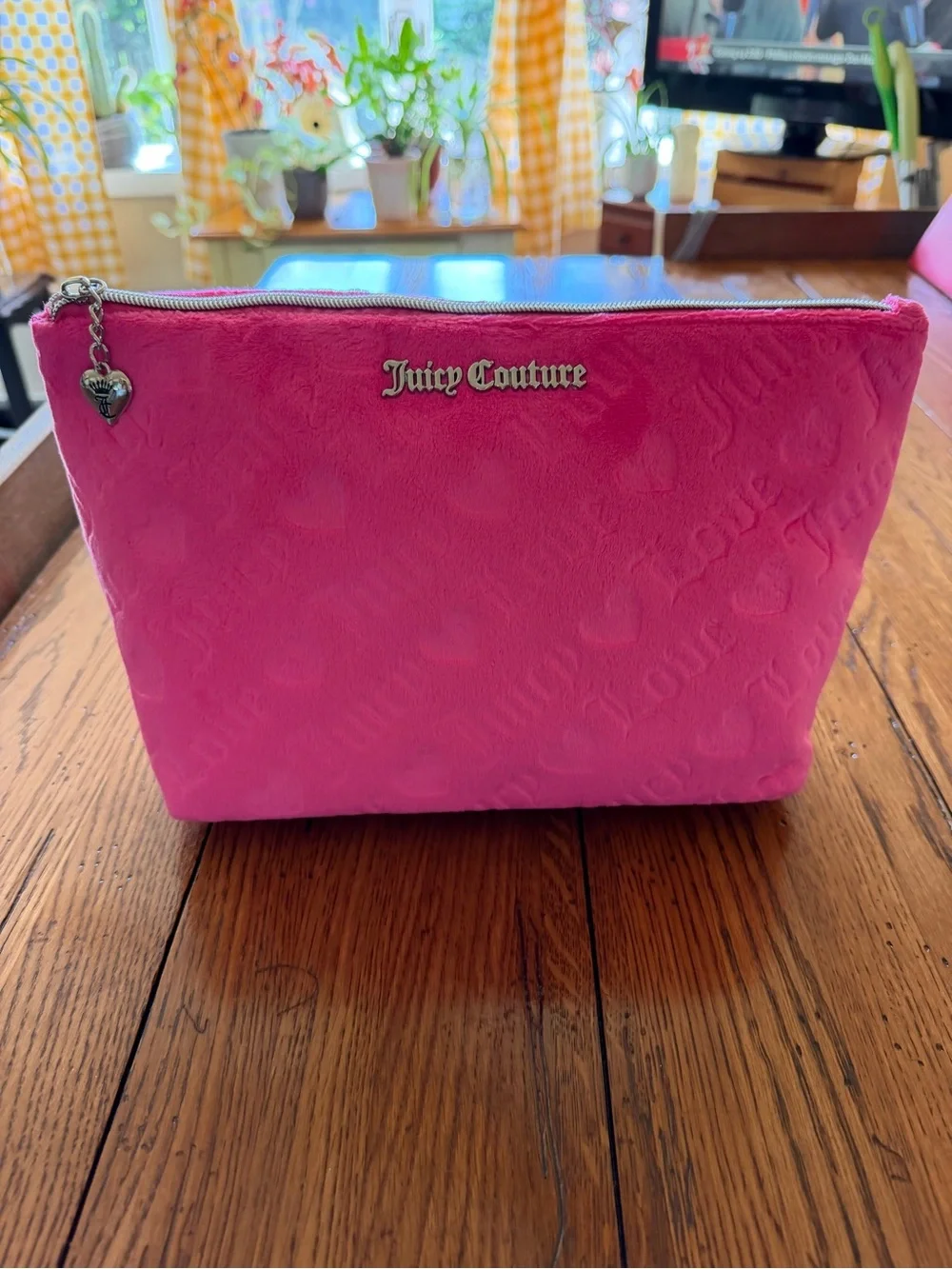 Juicy Couture Hot Pink Embossed Heart Cosmetic Bag with Heart Charm